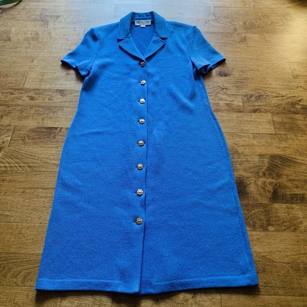 Size 8 St. John Knit Long Sleeve Midi Dress in Blue with gold buttons
